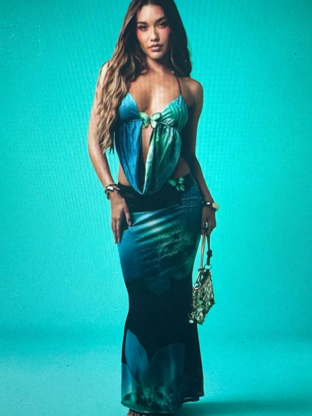 Missguided Butterfly Teal and Green Skirt Set